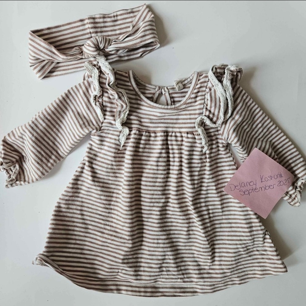 3-6m Quincy Mae long sleeve flutter dress and bow